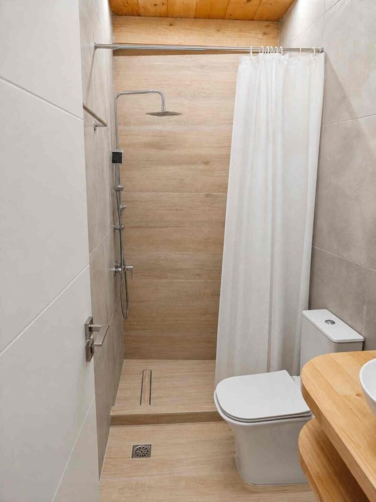 Modern walk-in shower and bathroom at Perliti Cycladic House